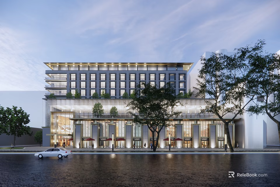 Modern Multi Storey Building With Glass Windows Street Trees And Parked Car At Evening 3d model 