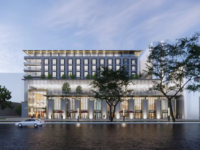 Modern Multi Storey Building With Glass Windows Street Trees And Parked Car At Evening 3d model