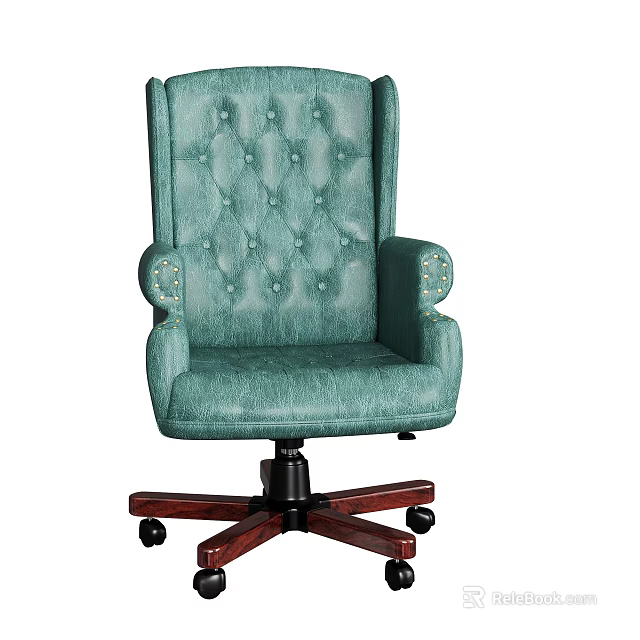 Light Blue Tufted Office Chair With Button Backrest Armrests And Wooden Base Wheels 3d model 