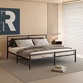 Modern Double Bed with Metal Frame Gray Bedding Nightstand Lamp Open Book and Artwork
