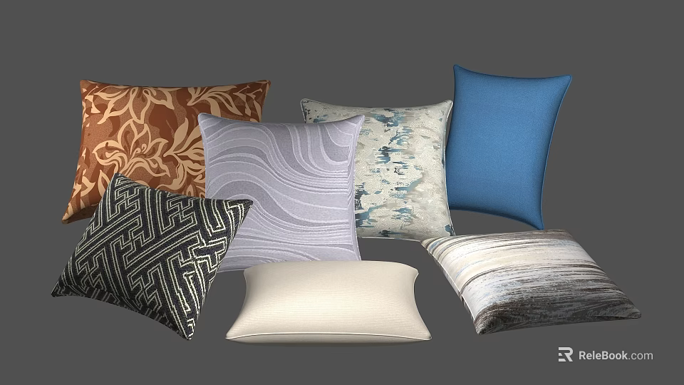 Colorful Decorative Throw Pillows with Various Patterns and Textures for Home Decor 3d model