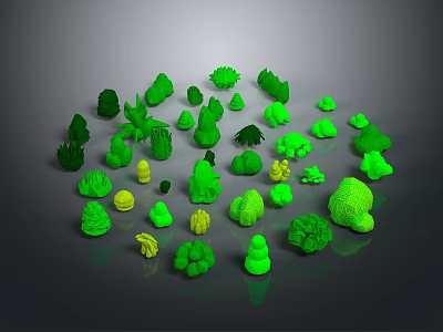 Assortment of Green Plants with Various Shapes and Sizes on Dark Background with Yellow Accents 3d model