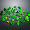 Assortment of Green Plants with Various Shapes and Sizes on Dark Background with Yellow Accents