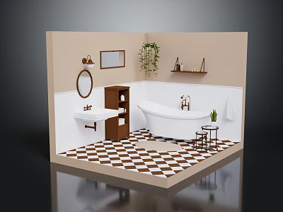 Cozy Bathroom Interior With Bathtub Sink Mirror Plant Shelf And Checkerboard Floor 3d model