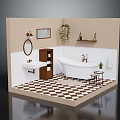 Cozy Bathroom Interior With Bathtub Sink Mirror Plant Shelf And Checkerboard Floor