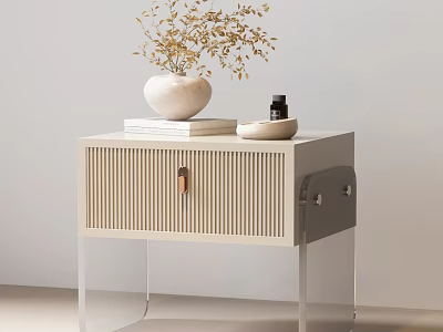 Light Beige Bedside Table With Vertical Slat Door Transparent Legs Stacked Books And White Vase 3d model