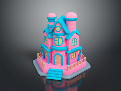 Cartoon Style Pink And Blue House Model With Towers Windows Wooden Door And Steps 3d model
