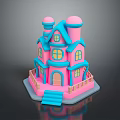 Cartoon Style Pink And Blue House Model With Towers Windows Wooden Door And Steps