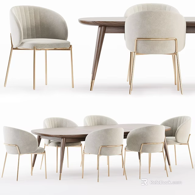 Round Modern Dining Table Set With Upholstered Chairs And Golden Metal Legs 3d model 