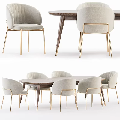Round Modern Dining Table Set With Upholstered Chairs And Golden Metal Legs 3d model