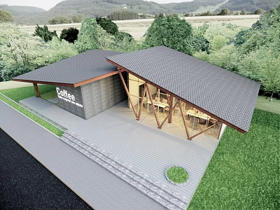 Modern Visitor Center With Gray Roof Wooden Structure And Green Surroundings 3d model