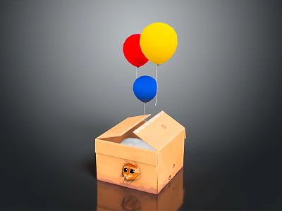 Open Cardboard Box With Red Yellow Blue Balloons And Smiley Face Design 3d model