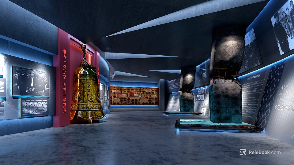Ancient Bronze Bell In Museum Exhibition Hall With Red Display Panels And Cultural Relics 3d model 
