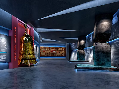 Ancient Bronze Bell In Museum Exhibition Hall With Red Display Panels And Cultural Relics 3d model