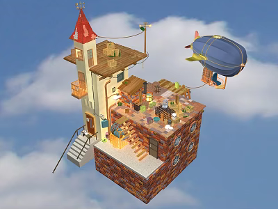 Modern Cartoon Architecture Sky City Cartoon Meichen Small House Airship 3d model
