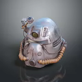 Retro Military Weapon Helmet Featuring Metallic Finish Round Viewport Tubing And Beaded Accents