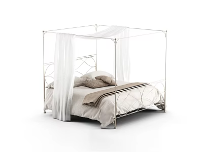 Double Bed With Metal Frame White Canopy Soft Bedding And Pillows Design 3d model