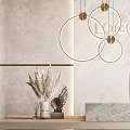 Modern Marble Reception Desk With Logo Display Green Living Wall Computer Monitors And Hanging Lights
