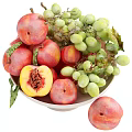 Fresh Ripe Peaches and Green Grapes in White Bowl with Juicy Flesh and Leaves