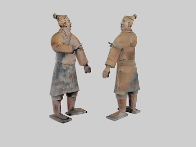 Pair of Ancient Ceramic Figures in Traditional Attire Showcasing Handcrafted Artistry 3d model