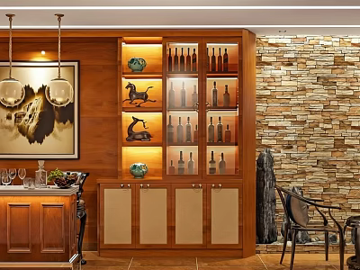 Wooden Wine Cabinet With Multi tiered Shelves Holding Wine Bottles And Decorative Figurines In Interior 3d model