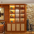 Wooden Wine Cabinet With Multi tiered Shelves Holding Wine Bottles And Decorative Figurines In Interior