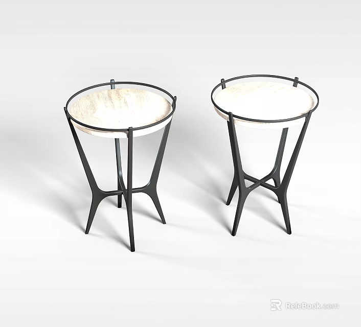 Tech Exhibition Hall Modern Round Side Tables With Light Marble Top And Black Metal Legs 3d model 