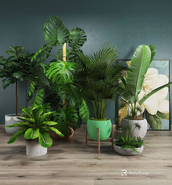 Indoor Potted Plants With Large Leaf Greenery In Various Planters And Modern Decorative Painting 3d model 