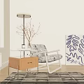 Modern Single Sofa With Wooden Side Table Lamp Decorative Branches And Black White Abstract Painting