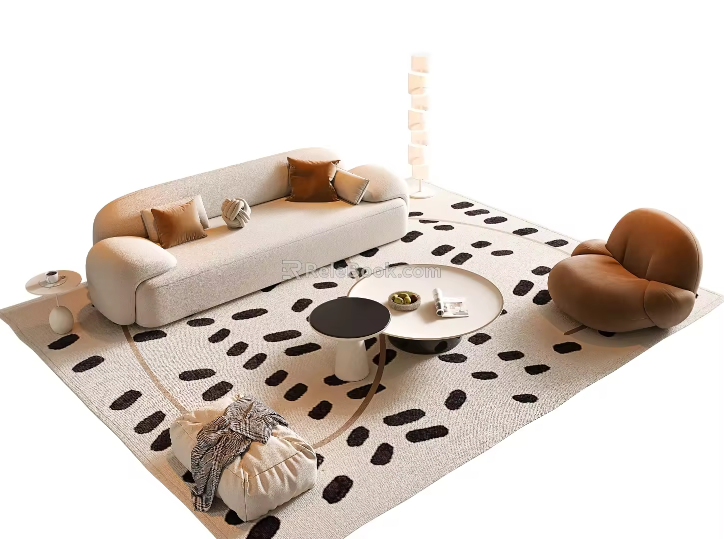 Cream Style Sofa Coffee Table Combination Straight Row Sofa Round Coffee Table Sofa Stool Lazy Sofa Floor Lamp Side Table Jewelry Ornaments 3d model