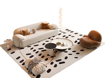 Cream Style Sofa Coffee Table Combination Straight Row Sofa Round Coffee Table Sofa Stool Lazy Sofa Floor Lamp Side Table Jewelry Ornaments 3d model