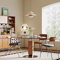 Modern Dining Table Set With Round Glass Top Wooden Chairs Pendant Lamp And Window View