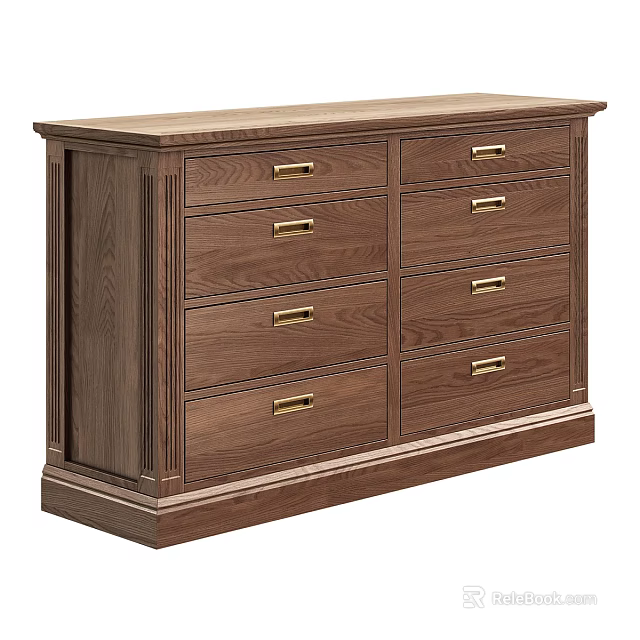 Classic Solid Wood Sideboard With Multiple Drawers And Golden Handles Design 3d model
