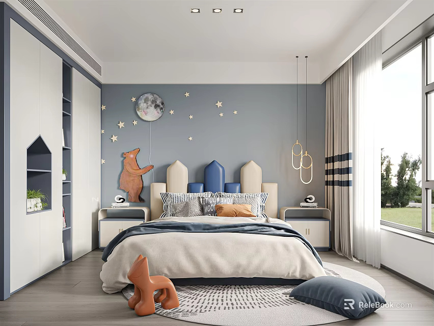 Cozy Kids' Room Interior With Moon Star Wall Decor Stuffed Bear And Blue Rug 3d model 