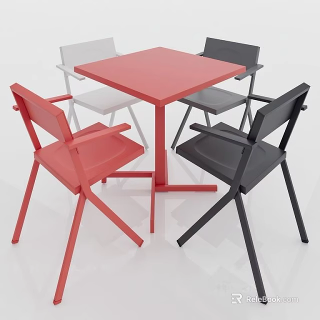 Modern Square Dining Table Set with Red White Black Armchairs 3d model