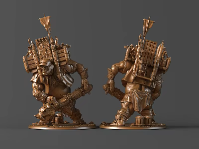 Two Detailed Bronze Warrior Statues Front And Back With Weapons And Decorations 3d model