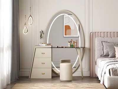 Elegant Modern Bedroom Dressing Table With Round Mirror Glass Top And Beige Drawers 3d model