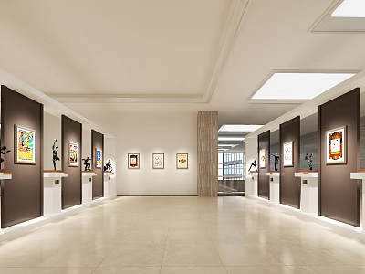 Spacious Bright Exhibition Hall Interior With Paintings Sculptures White Display Pedestals And Recessed Ceiling Lights 3d model