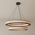 Modern Double Ring Wooden Chandelier With Light Brown Finish And Decorative Patterns Hanging From Ceiling