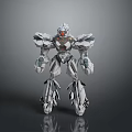 Game and Movie Character White Mecha Robot With Detailed Mechanical Armor and Glowing Orange Core