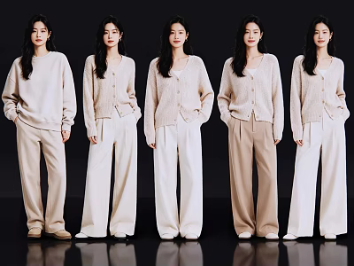 Five Women In Neutral Tone Knit Cardigans And Wide Leg Pants Standing In A Row 3d model