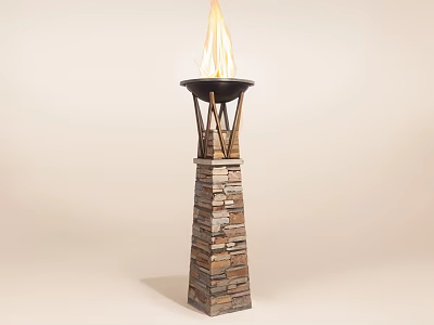 Outdoor Fire Pit with Various Colored Stone Base and Black Tray with Burning Flames 3d model