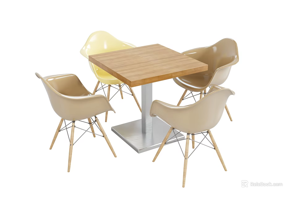 School Dining Space Featuring Wooden Square Table And Modern Yellow Beige Chairs 3d model