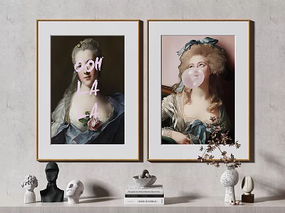 Classical Female Portrait Paintings In Gold Frames With Decorative Sculptures Books And Vase 3d model