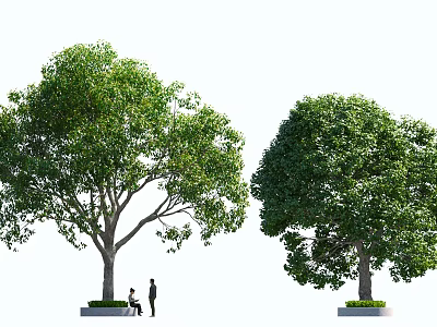 Lush Green Trees with People Standing and Sitting Under in Outdoor Landscape 3d model