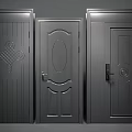 Three Dark Gray Hinged Doors with Diamond Lattice Oval and Vertical Striped Decorative Patterns 3d model