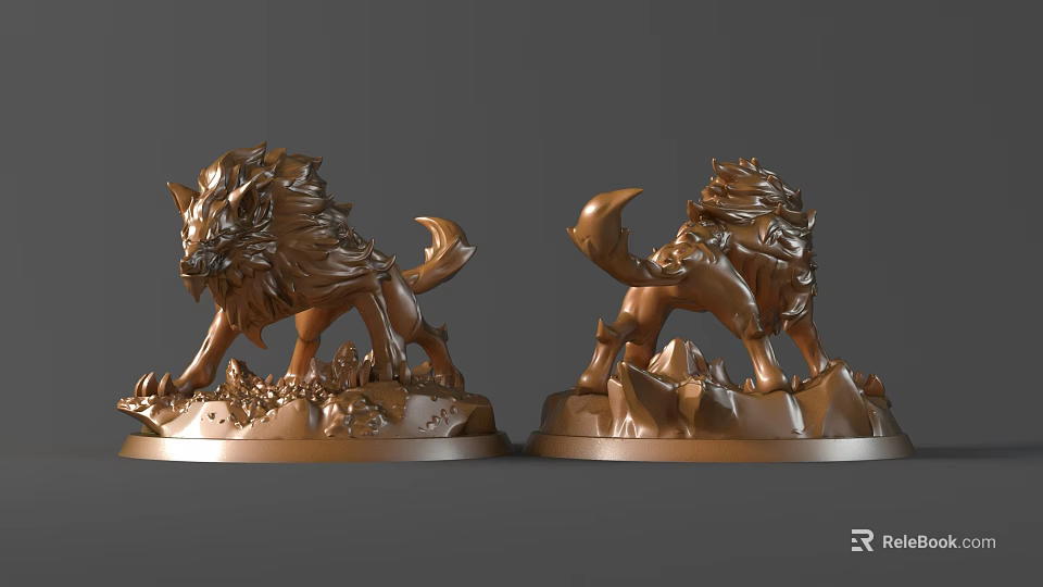 Two Bronze Lion Sculptures With Dynamic Pose And Detailed Mountain Base 3d model 