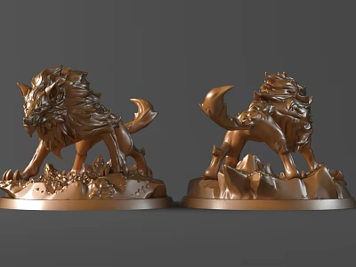Two Bronze Lion Sculptures With Dynamic Pose And Detailed Mountain Base 3d model