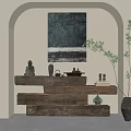 Zen Interior With Arched Wall Green Abstract Art Wooden Shelf Buddha Statue And Plant