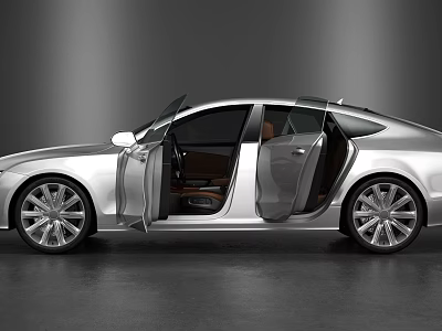Silver Luxury Sedan With Open Doors Showing Premium Leather Interior Design 3d model